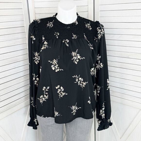 J. Crew Floral Smocked Ruffle Trim Blouse Black Tan Large - Picture 1 of 12